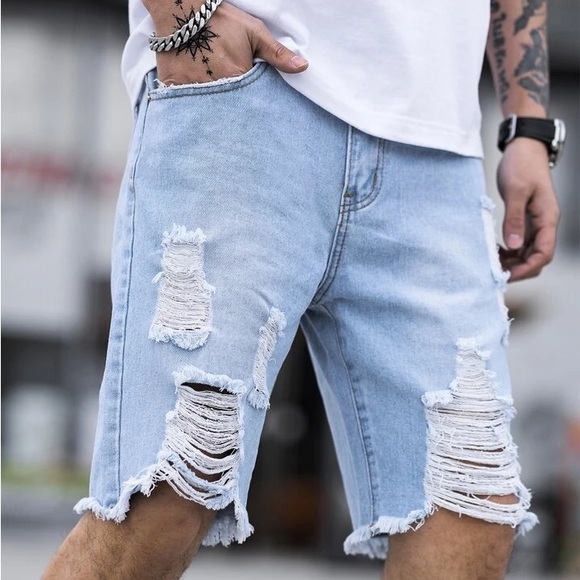 NIB - SHEIN Men Cotton Ripped Frayed Raw Hem Bermuda Denim Shorts - Small - Picture 2 of 12